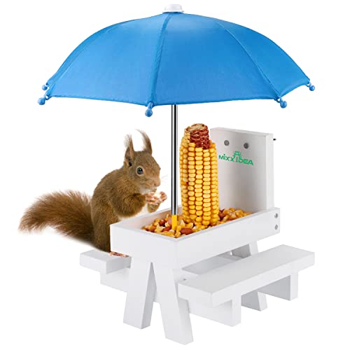 MIXXIDEA Squirrel Feeder Table with Umbrella, Wooden Squirrel Picnic Table Feeder, Sturdy Squirrel Feeder Corn Cob Holder, with Solid Structure and 2 x Thick Benches(Squirrel Feeder table-1pk)