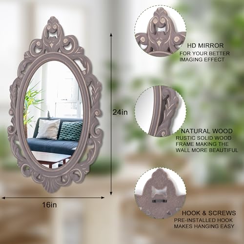 Oval Wooden Hanging Mirror Grey Carved Frame Wall Mirror Rustic Vintage Decorative Mirror Aesthetic for Vanity Bedroom Living Room Entryway Farmhouse Mirror 24