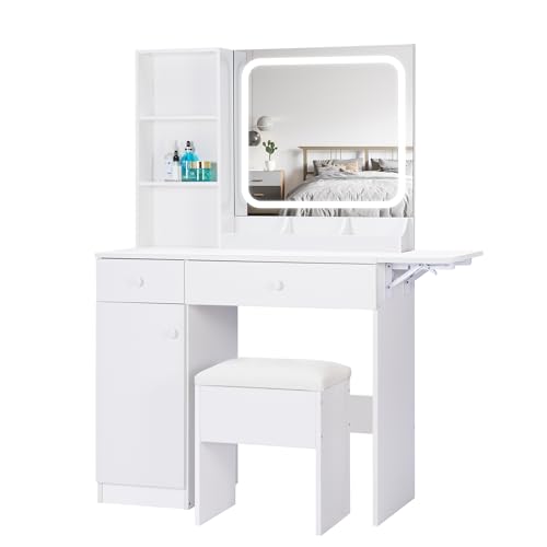 Vanity Desk with Mirror and LED Lights, Makeup Vanity Table with Charging Station, Storage Drawers, Shelves, Adjustable Cabinet & Stool, Perfect for Bedroom or Dressing Room, White