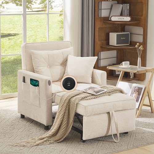 Sofa Bed Chair, 3 in 1 Convertible Sleeper Chair Bed for Adults, Pull Out Chair Sleeper, Adjustable Reading Chair with 2 Pillows and Backrest, Multi-Functional Couch Bed for Small Space