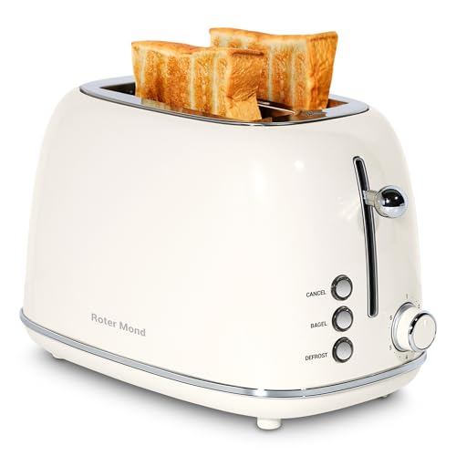 Roter Mond 2 Slice Toaster Retro Stainless Steel Toaster with Bagel, Cancel, Defrost Function and 6 Bread Shade Settings Bread Toaster, Extra Wide Slot and Removable Crumb Tray, ST028