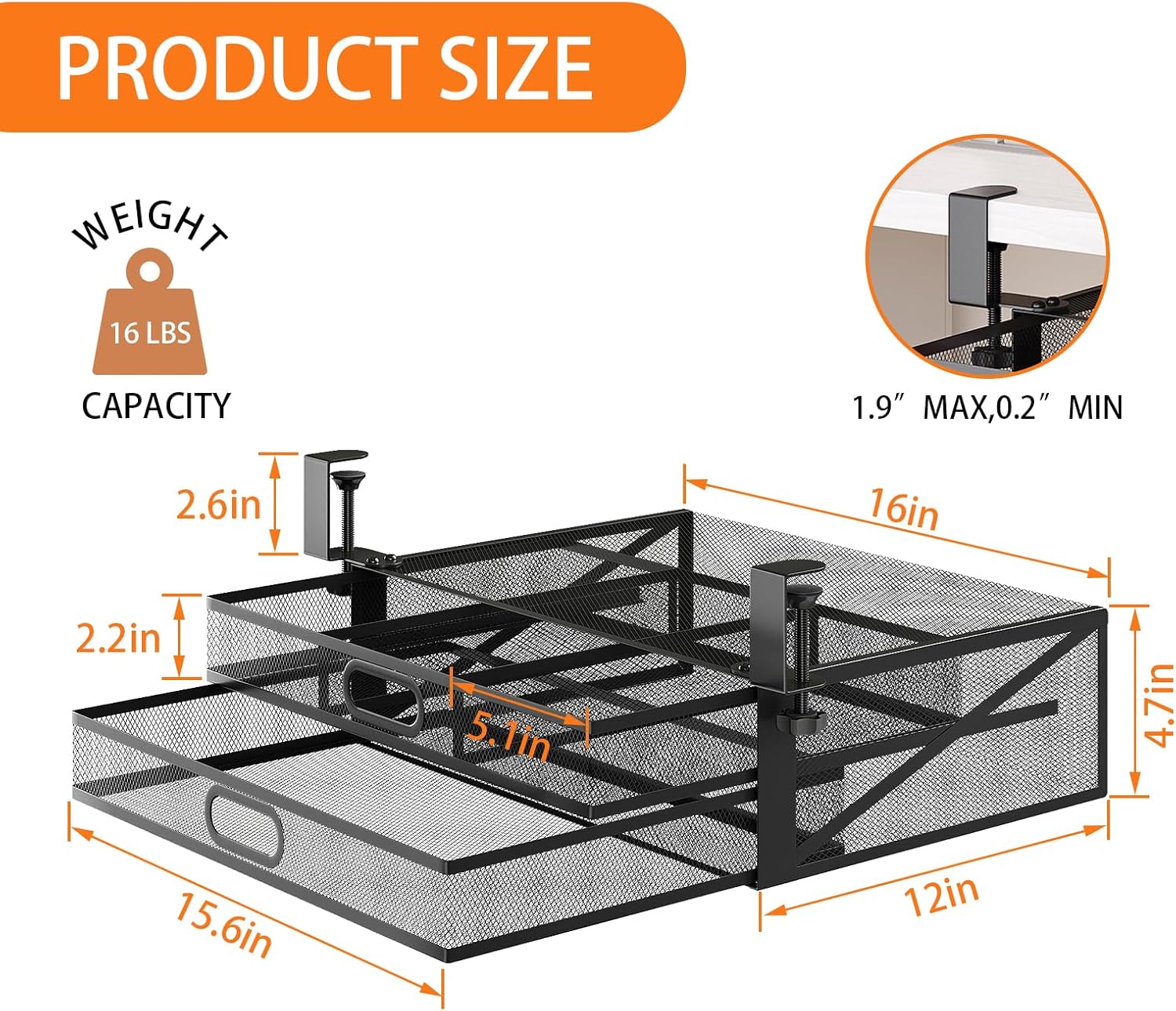 Under Desk Drawer Organizer No Drilling Under Desk Storage Drawer Metal Under Desk 2 Drawer Slide Out Drawer Clamp On Suitable for Home and Office (Large 15.6x12x4.7 Inches)