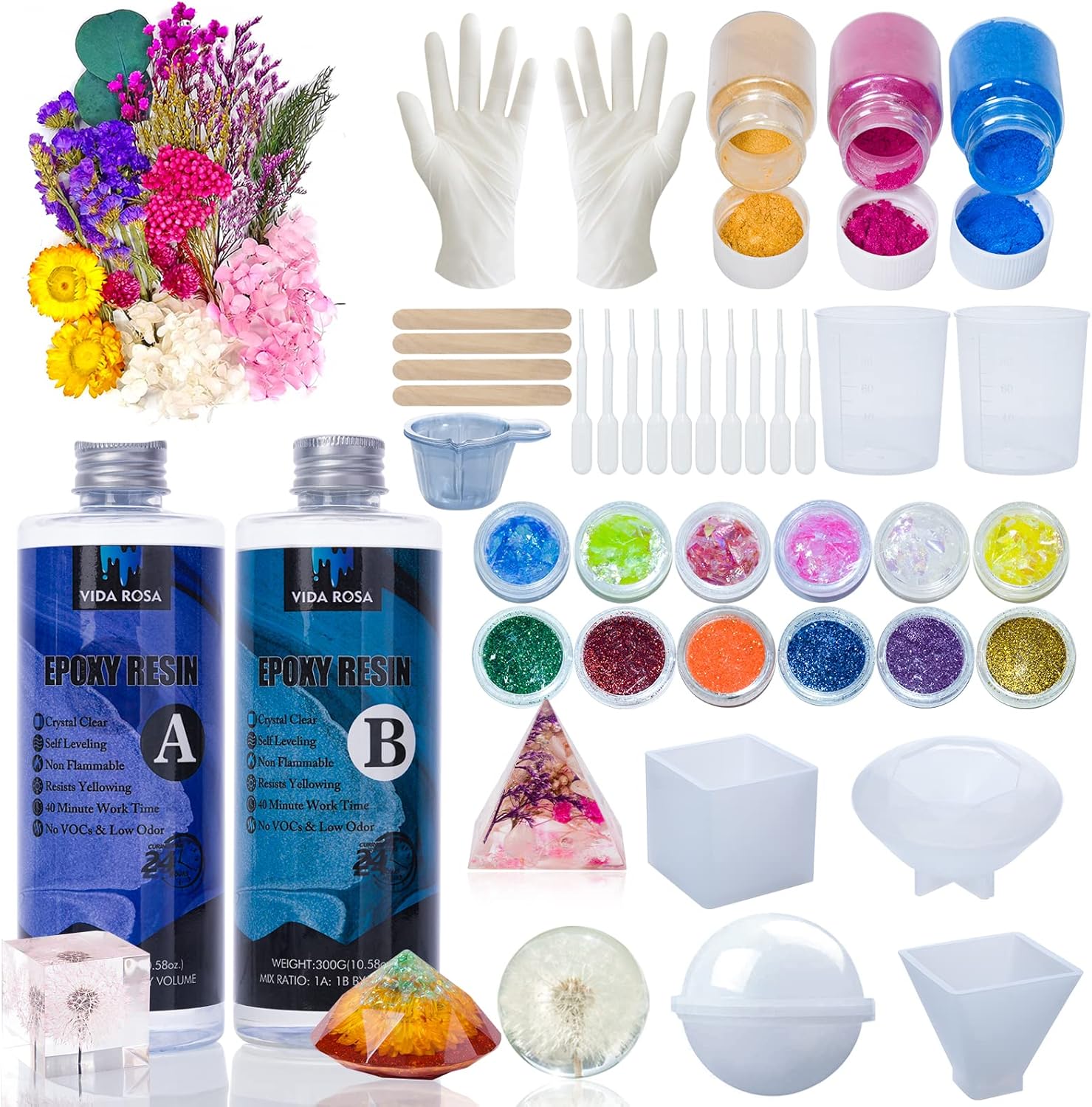 Vida Rosa Epoxy Resin Kits for Beginners with molds,dried flower，600ml/ 21.16oz Crystal Coating for Art, Craft, Jewelry Making, River Tables,2 Gloves, 2 Measuring Cup and 2 Wooden Sticks