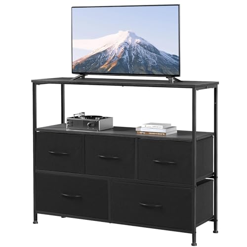 Dresser TV Stand Entertainment Center with Fabric Drawers Media Console Table with Open Shelves for TV up to 45 inch Storage Drawer Organizer Unit for Bedroom, Living Room, Entryway (Black)