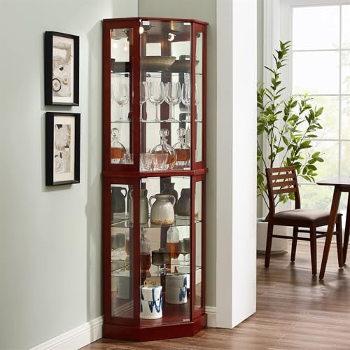 Lighted Display Cabinet Corner Curio Cabinet with Mirrors and Adjustable Shelves, 6-Tier Curio Showcase Floor Stand Collection Art Display Case for Bar Living Room Kitchen Pantry (Cherry)