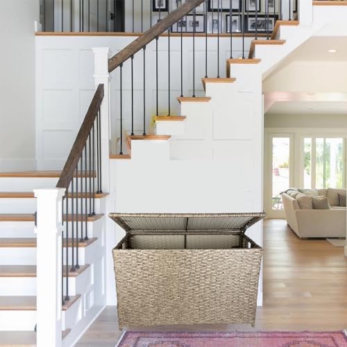 Wicker Storage Trunk, 42.3 Gallon (160L) Handwoven Wicker Chest, Large Wicker Basket with Lid, Wicker Trunk with Safety Hinge, Support 200 lbs, Rustic Brown