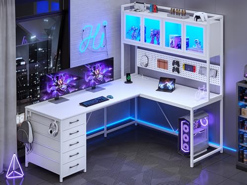 SEDETA L Shaped Gaming Desk with Drawers, L Shaped Computer Desk with Hutch and Storage Shelves, Gaming Desk with Pegboard, Led Lights, and Power Outlet, Home Office Desk, Corner Desk, White