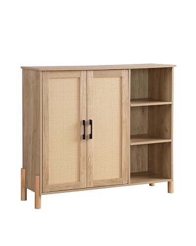 Storage Cabinet, Bathroom Cabinet with Rattan Doors, Bathroom Floor Cabinet with Open Storage & Adjustable Shelf, Coffee Bar, Storage Cabinet for Living Room, Bedroom, Entryway, Natural