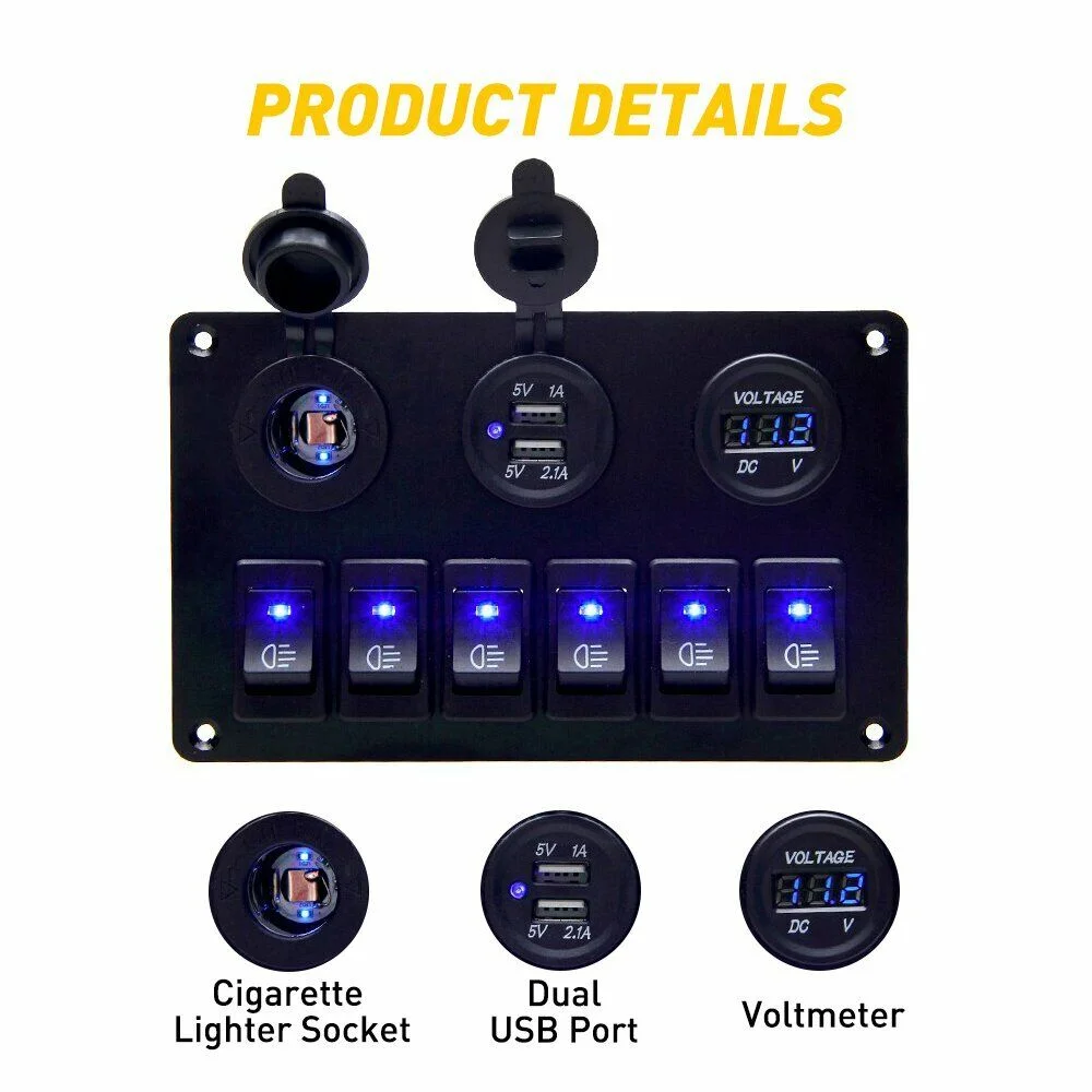 6 Gang Blue LED Rocker Switch Panel Circuit Breaker Waterproof for RV Car Marine Electrical System