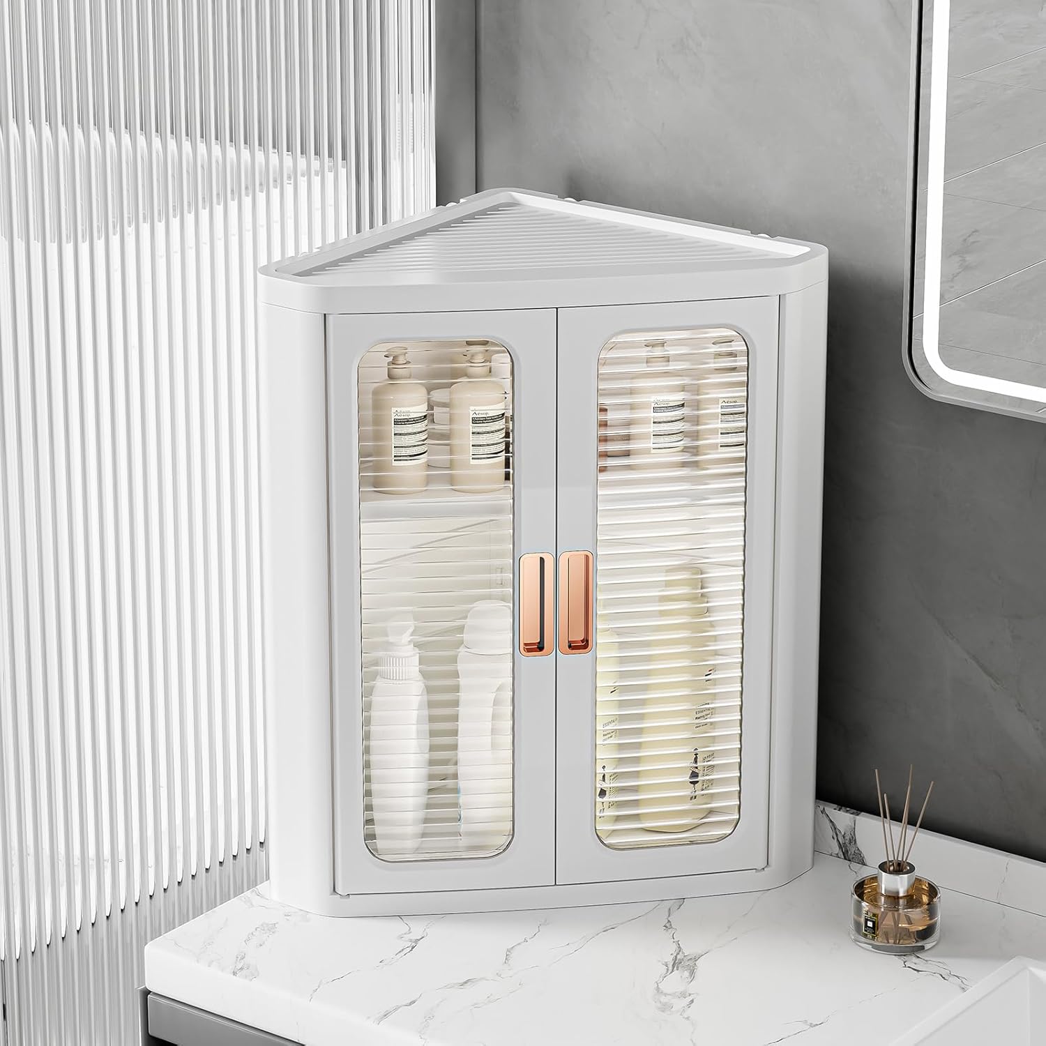 22 Inch Corner Cabinet, Side Free Standing Storage Organizer with Shelves and Doors on Table/Desk, Corner Storage Cabinet for Bathroom, Makeup Room, Kitchen (1-Tier)