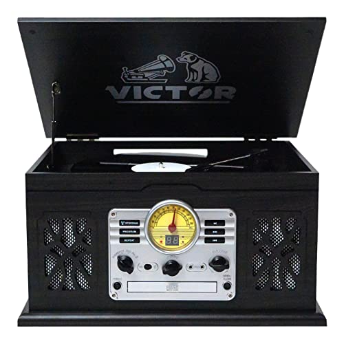 VICTOR State 7-in-1 Turntable Music Center with 3-Speed Record Player, CD/MP3/Cassette Player, FM Radio, Dual Bluetooth in & Out, and Built-in Stereo Speakers, Graphite