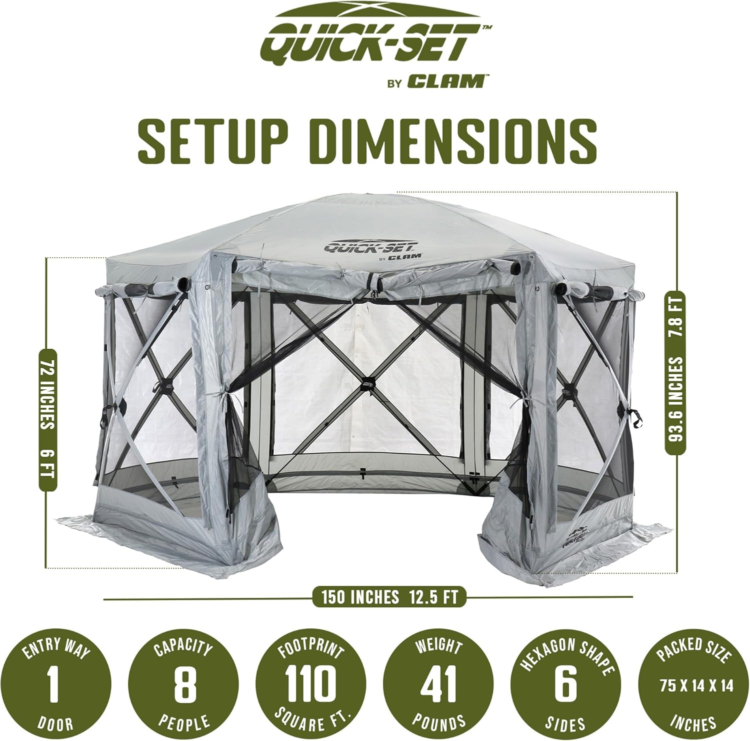 CLAM Quick-Set Pavilion 12.5 x 12.5 Ft Portable Pop-Up Outdoor Camping Screen Tent 6-Sided Canopy Shelter w/ Built-in Wind Panels & Carry Bag, Gray