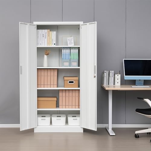 Metal Storage Cabinet with 2 Doors and 5 Adjustable Shelves, 71” White Locking Steel Tool Cabinet for Garage/Pantry/Kitchen/Living Room/Bathroom/Office