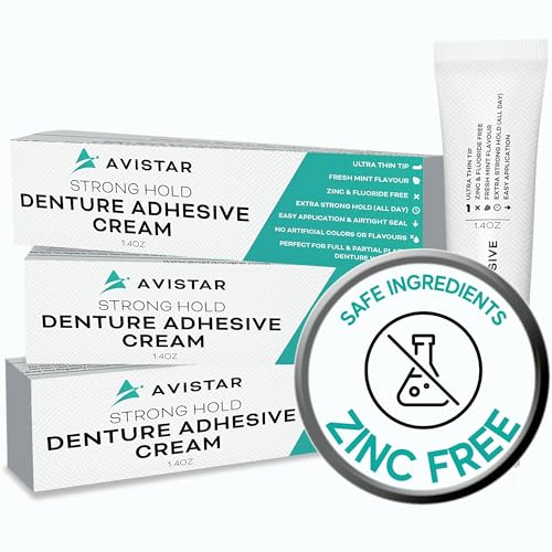 Extra Strong Denture Adhesive Cream, 12 Hour Hold Dental Glue, Waterproof, Zinc & Fluoride Free, Easy Apply Nozzle, Seals Food Out for Comfort, Mint Flavor (6 Pack, 8.4 Fl Oz)