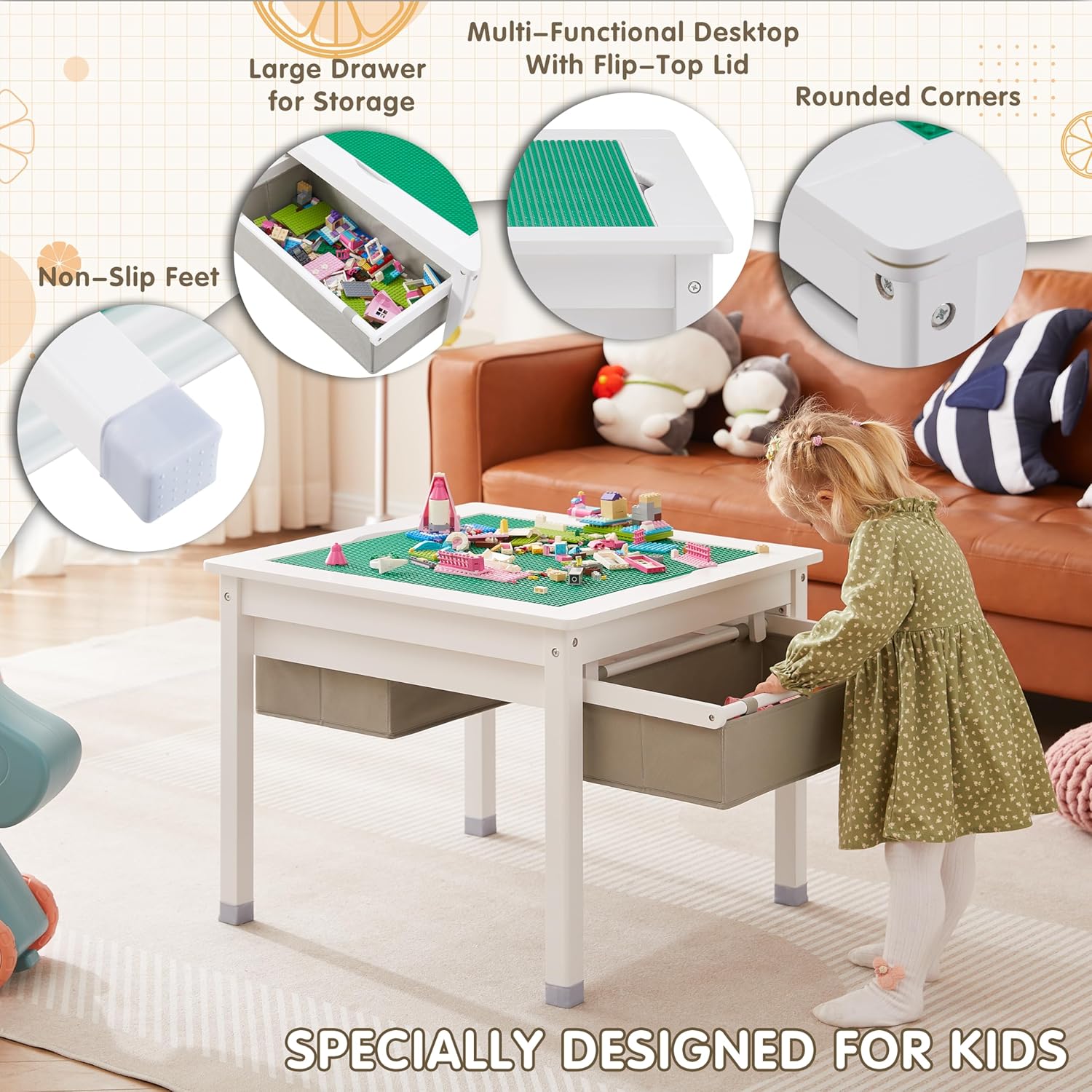 3 in 1 Kids Table with Storage Drawers, Wooden Toddler Construction Play Table with Detachable Blocks and Blackboard Tabletop, Compatible with Lego and Duplo Bricks (White)
