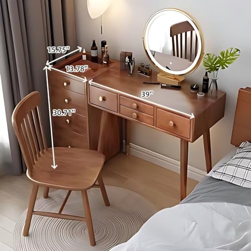 Solid Wood Makeup Vanity Desk - Luxury Dressing Table with Mirror and LED Lights, Vanity Set Include Side Cabinet & Storage Drawers and Makeup Chair for Bedroom (Walnut Color,39'')