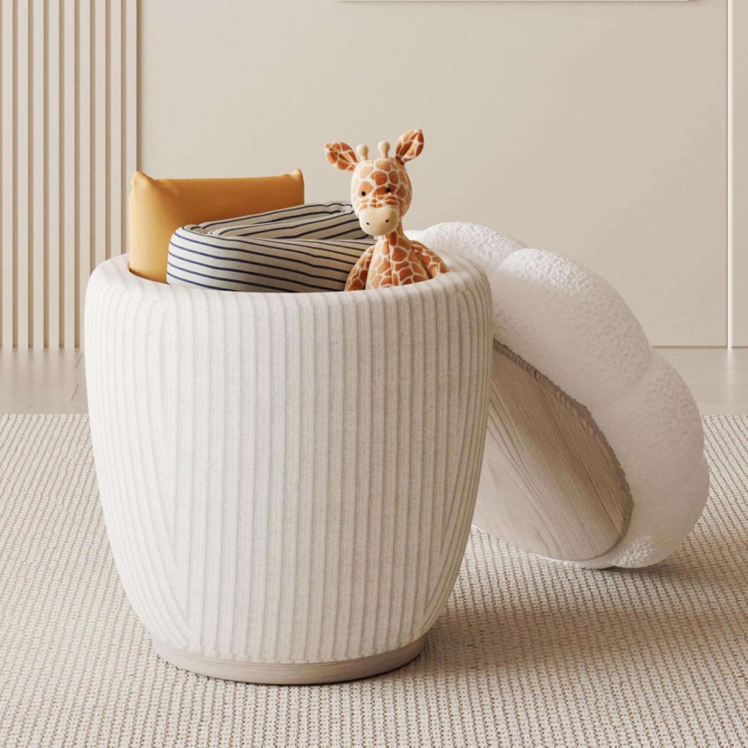 Round Ottoman Storage, Storage Ottoman Dorm with Removable Flower Lid, Round Vanity Stool for Makeup 300LBS Upholstered Round Foot Rest Ottoman for Bedroom Living Room & Bedroom, White