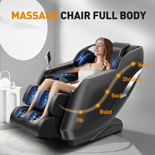 2025 Massage Chair Zero Gravity Full Body Airbags, 8 Fixed Points Massage Rollers with 6 Auto Modes, Bluetooth, Foot Rollers, Heater, Black