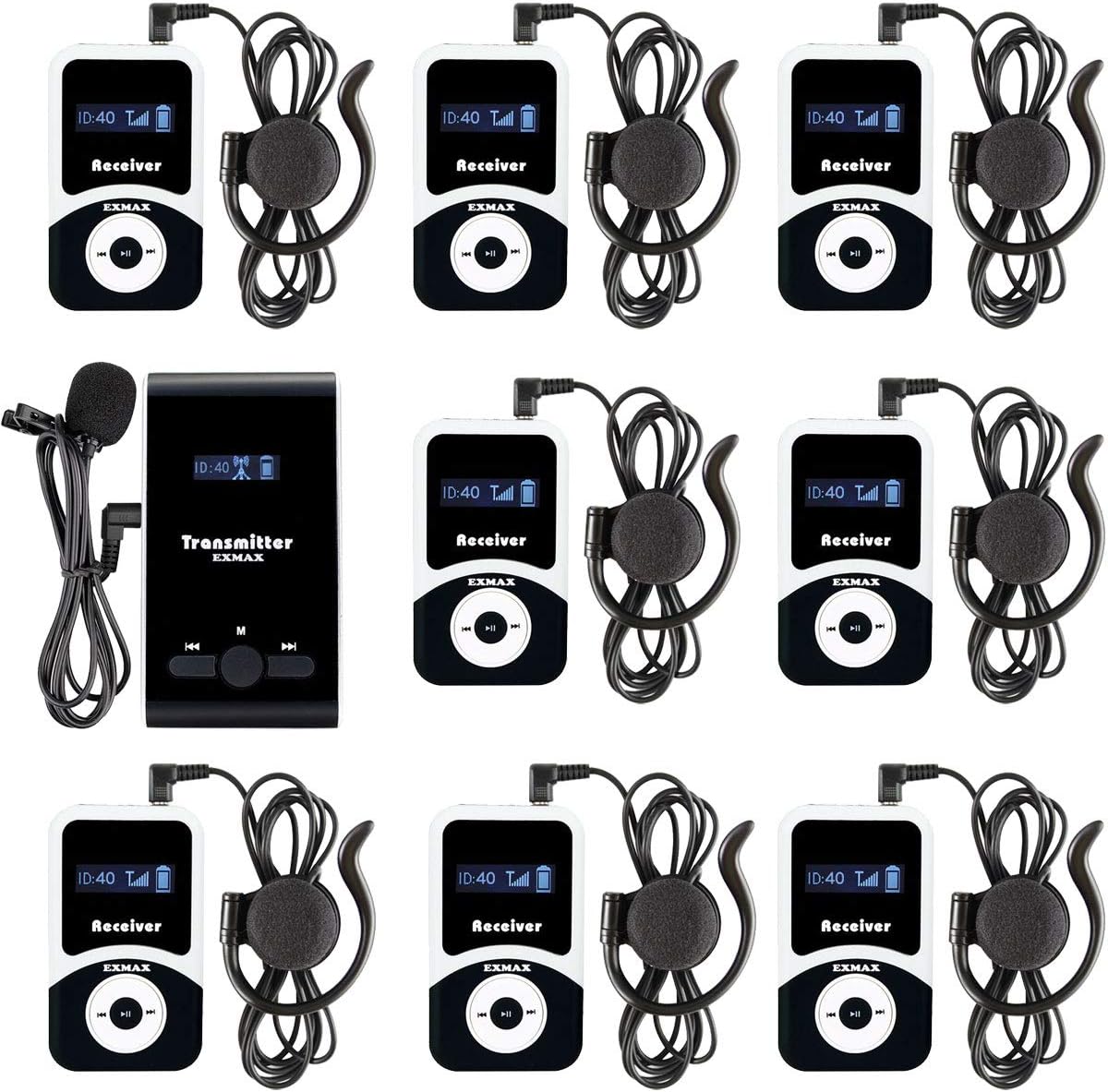 EXMAX EX-100 Wireless Tour Guide System Microphone Earphone Headset for Church Translation Simultaneous Interpreting Teaching Silent Live Conference Travel Interpretation(1 Transmitter 10 Receivers)