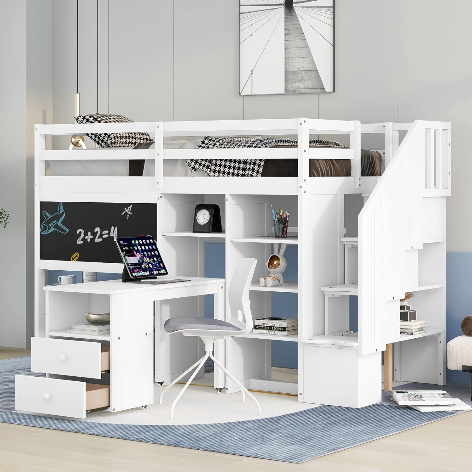Harper & Bright Designs Twin Size Loft Bed with Stairs and Desk, Solid Wood Loft Bed with Storage Shelves and Blackboard, for Bedroom Dorm Boys Girls Adults (Twin, White)