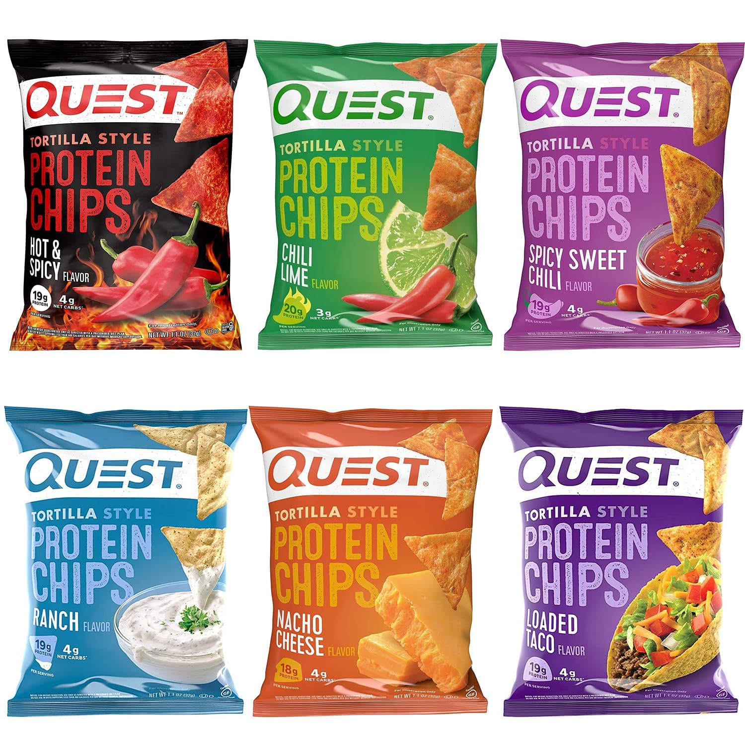 Quest Protein Chips Variety Pack - Assorted Flavors - High Protein Snacks - 6 Pack High Protein, Low Carb, Gluten Free, 1.1 Ounce (Purpalia Handkercheif)