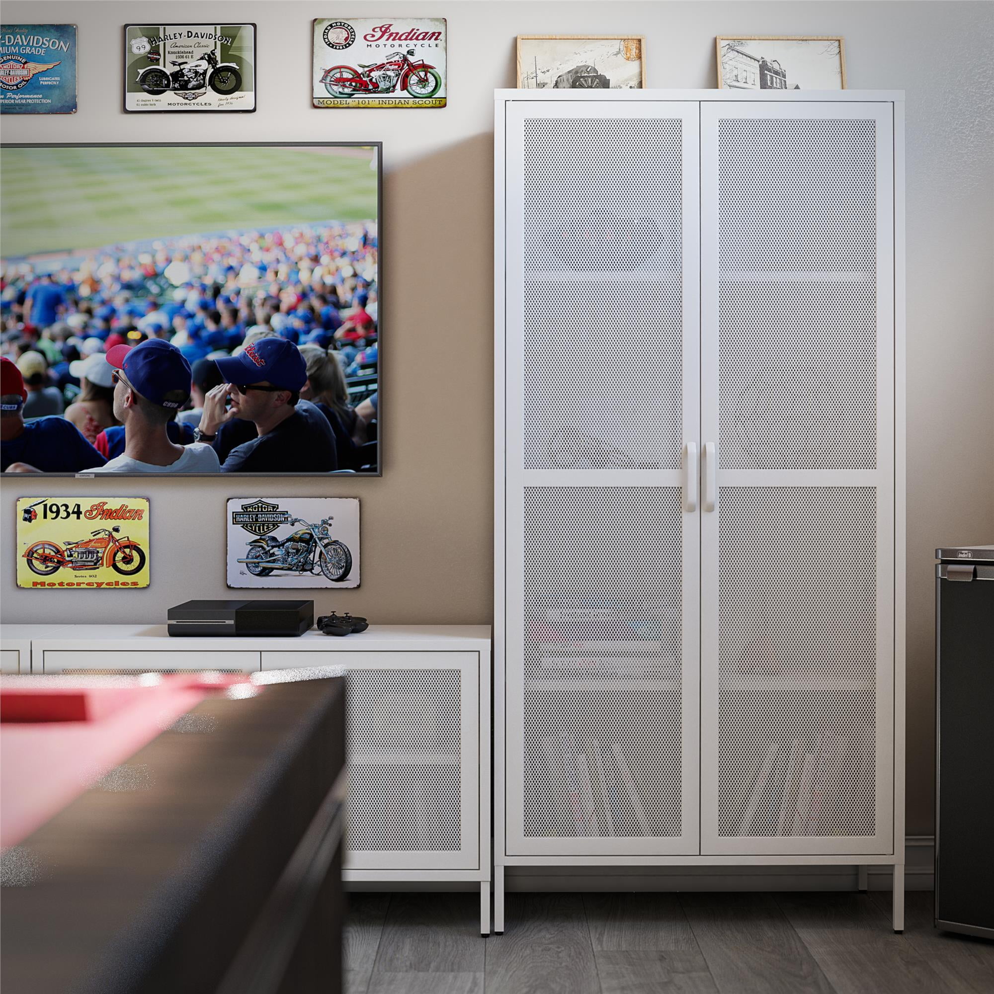 RealRooms Shadwick 2 Door Tall Metal Locker Style Storage Cabinet-Mesh Metal Doors, Soft White