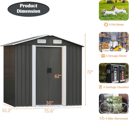 4ever2buy 8 x 6FT Outdoor Storage Shed, Metal Shed with Sliding Door, Garden Storage with Pent Roof, Utility Tool Shed for Backyard, Patio, Lawn, Grey