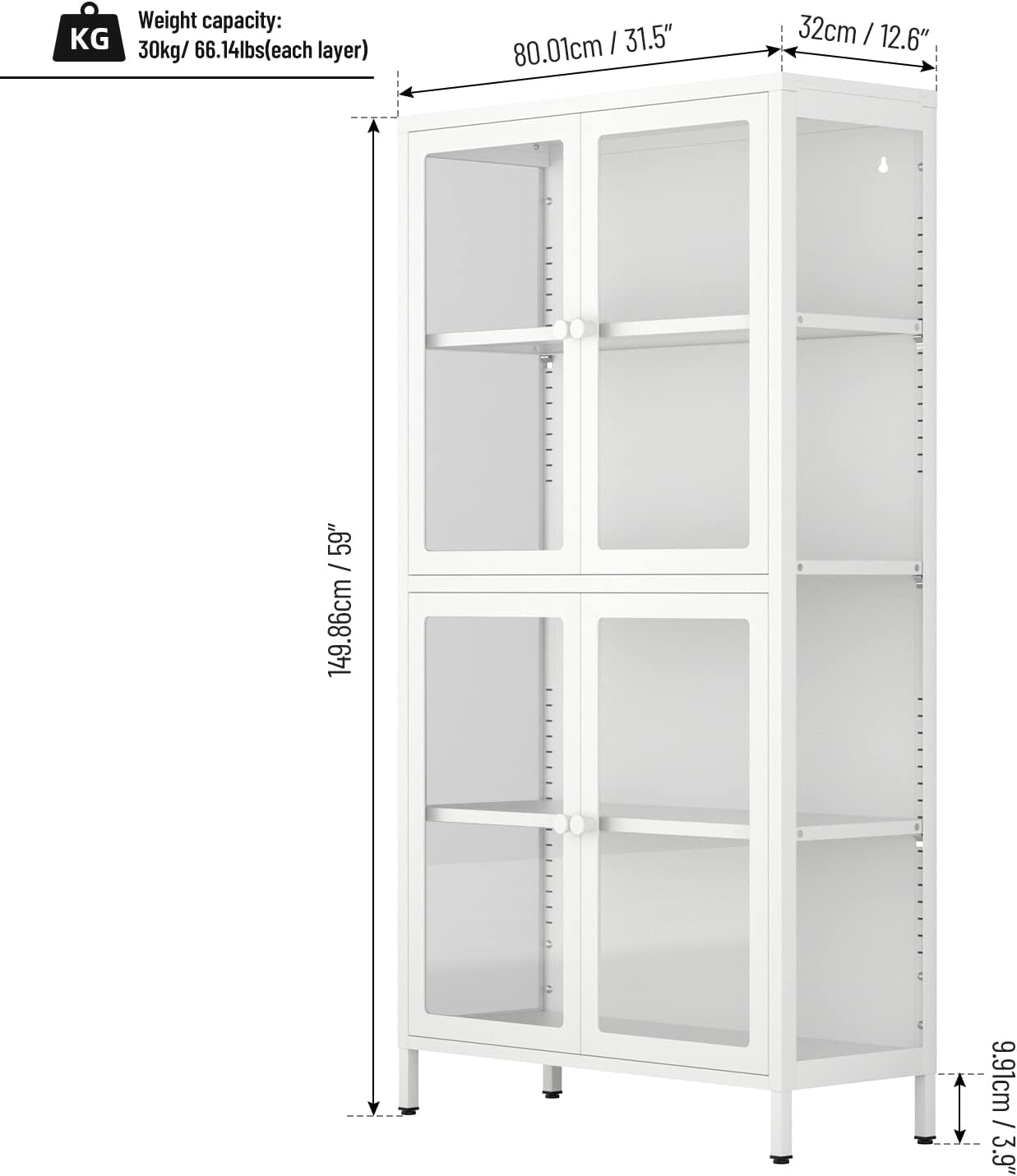Tempered Glass Storage Cabinet,4-Door Glass Display Cupboard,Tall Corner Cabinet Sideboard Bookcase w/Adjustable Shelves,Steel Frame,Sideboard Storage Furniture for Living Room Entryway (4-Door,White)