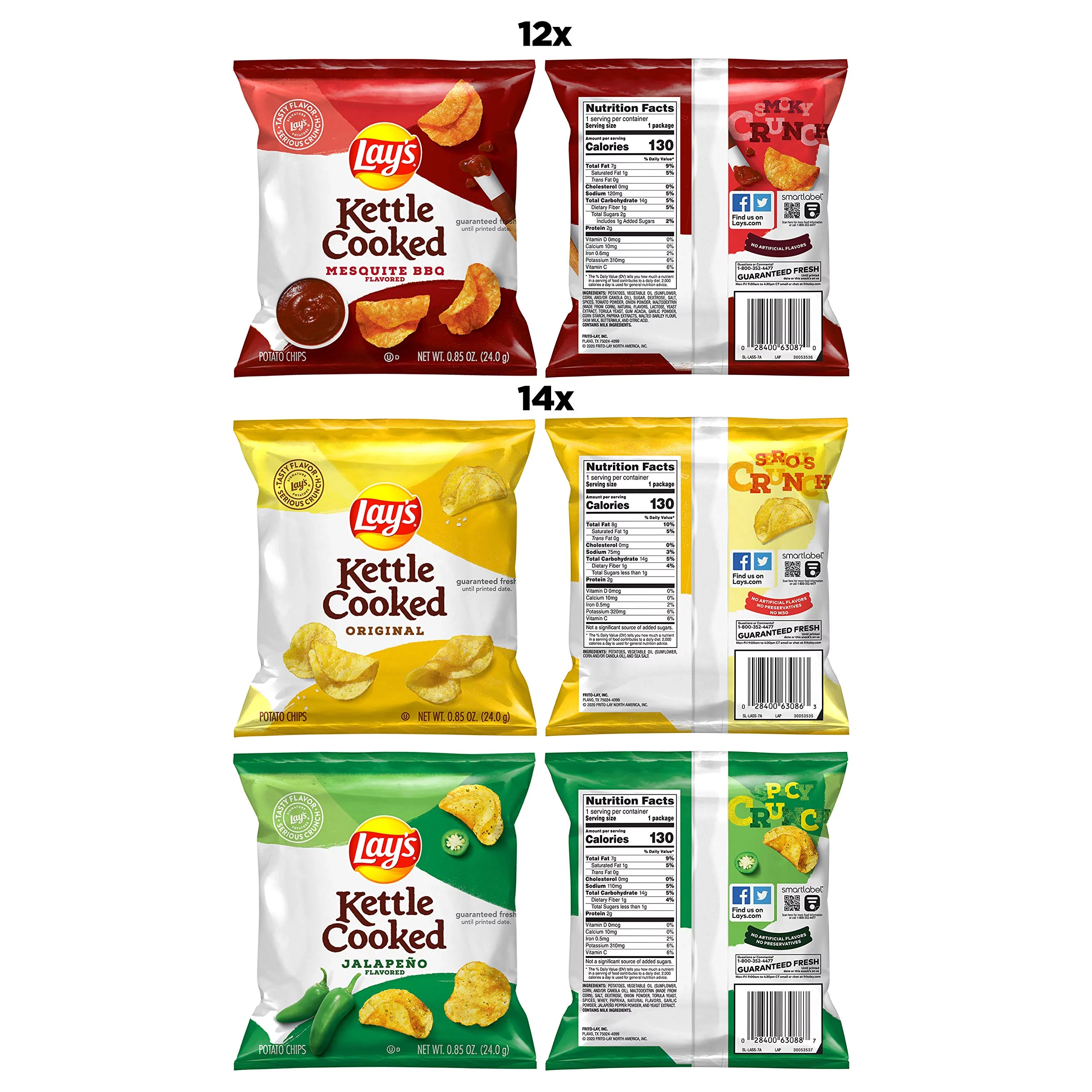 Lay,S Kettle Cooked Potato Chips Variety Pack, 0.85 Ounce (Pack Of 40)