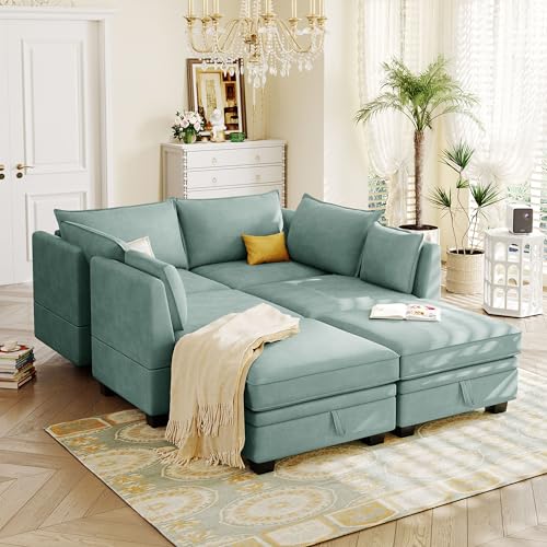 Loveseat U-Shape Sectional, Convertible Bed Chaise for Living Room with Ottomans Reversible Modular Sofa 6 Seater Couch with Storage Seat, Green
