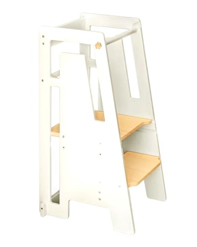 Modern Toddler Tower, Montessori Kitchen Step Stool, Sleek Modern Design Adjustable Standing Platform for Kitchen Counter - White Modern Standing Tower