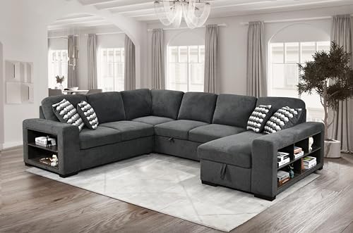 roomfitters 125'' Modern U Shaped 7 Seat Sectional Sofa Couch with Cabinet, Sofa Bed with Storage Chaise and Pull-Out Couch Bed for Living Room, Light Gray
