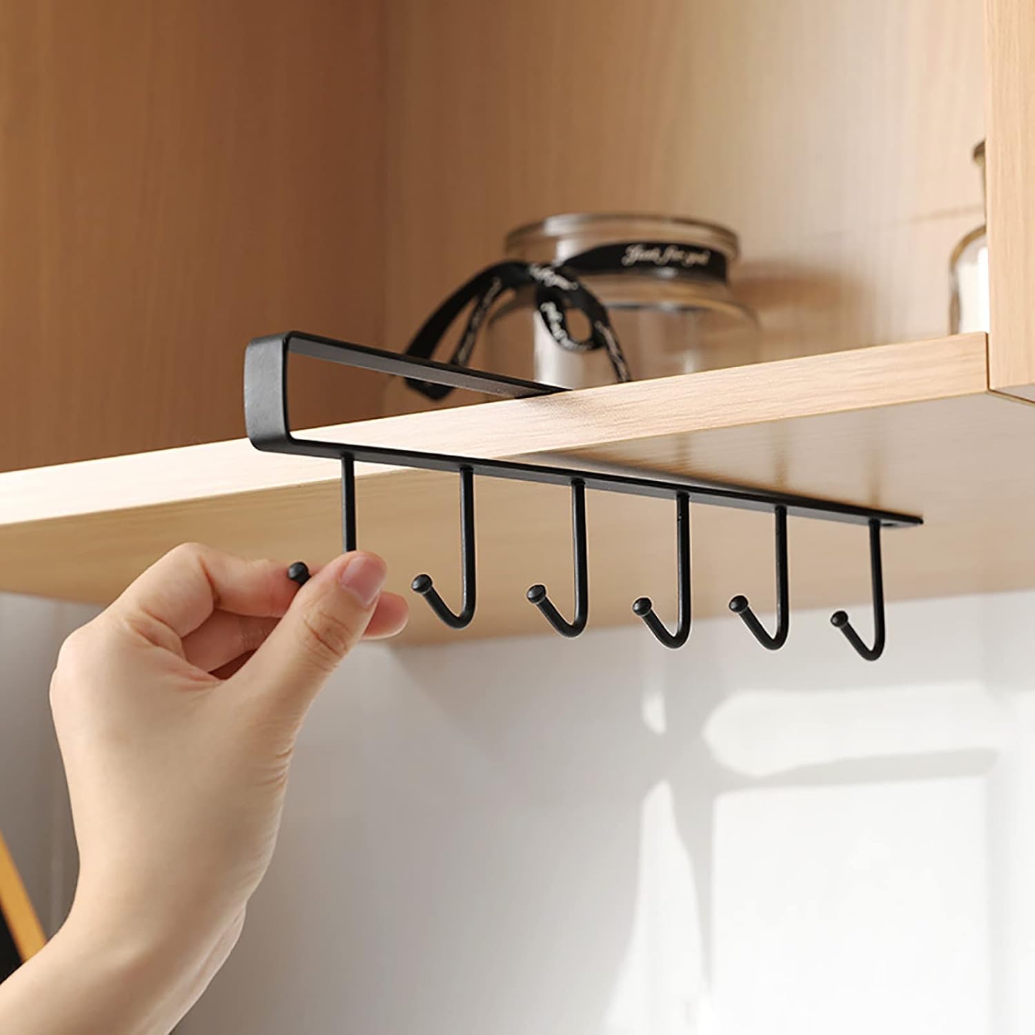 Cup Holder Under Cupboard, Under Cabinet Coffee Mug Holder, 6 Hooks Cups Storage Rack, Drilling Free Coffee Cups Holder, Kitchen Under Cabinet Utensil Hanging Hooks Rack 2 Pack
