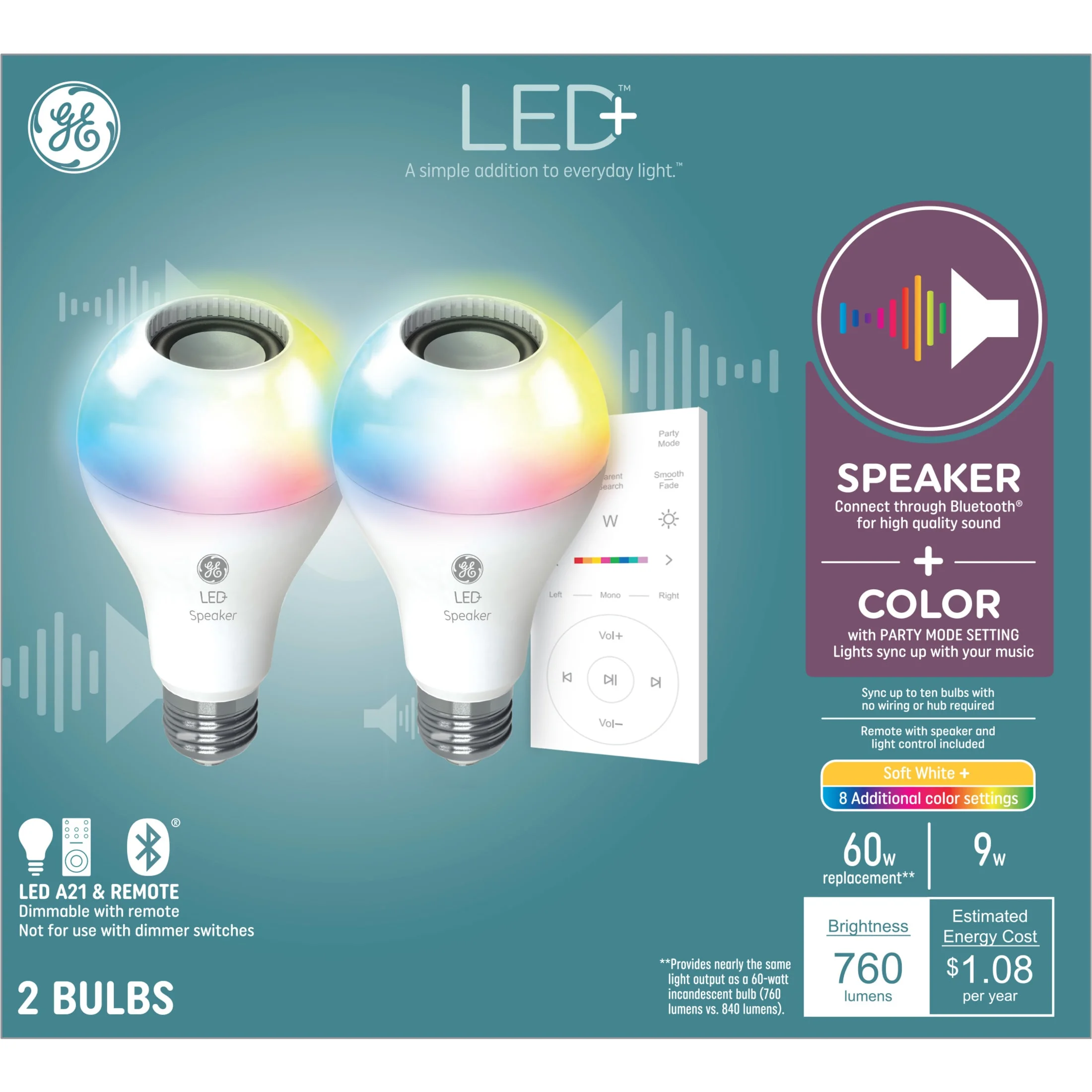 GE LED+ Speaker LED Light Bulb, Color Changing, 60 Watt, A21 Bulbs, Medium Base, 2pk