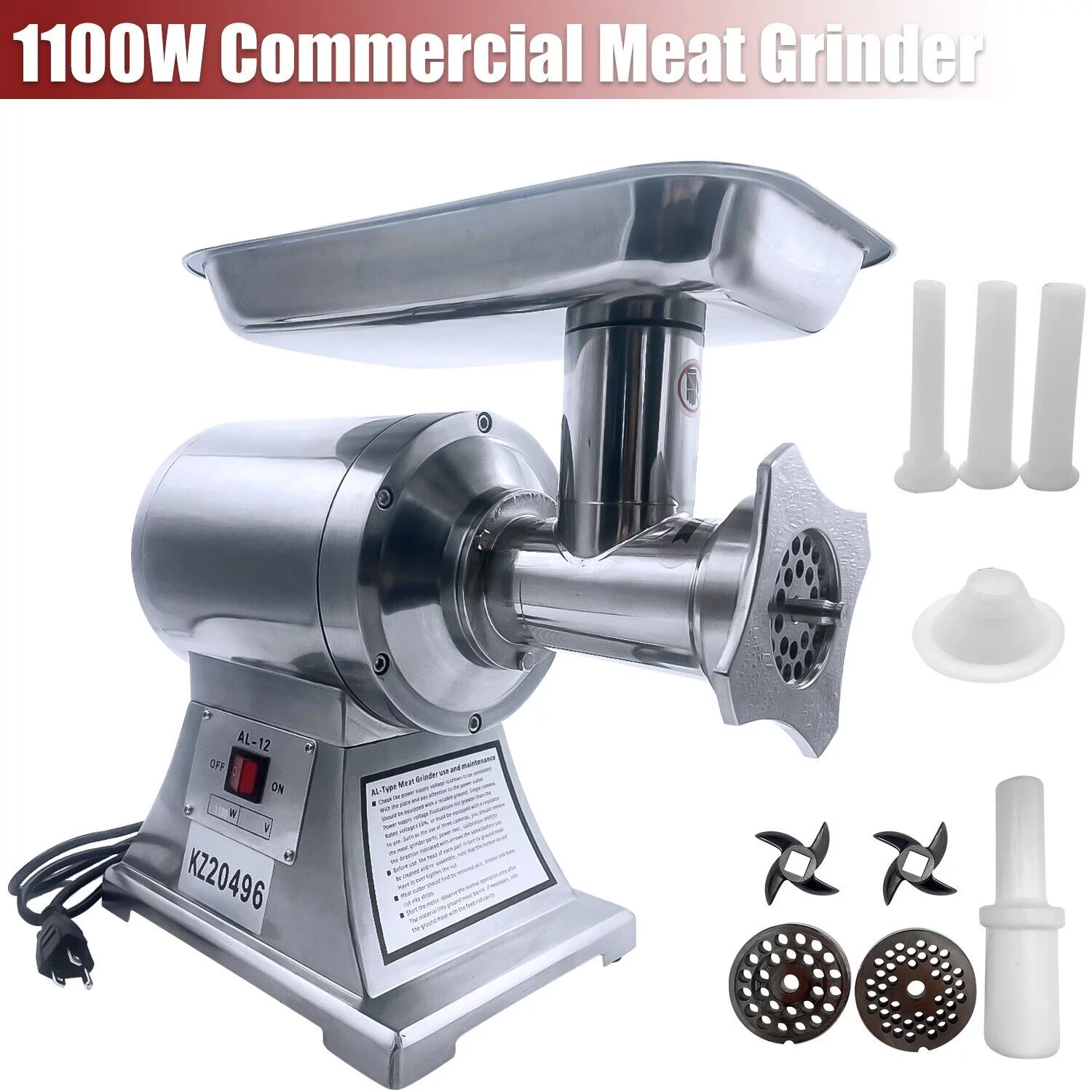 iMeshbean Commercial Electric Meat Grinder, 1100W 550lbs Per Hour Stainless Steel Commercial Sausage Stuffer For Commercial and Home Use