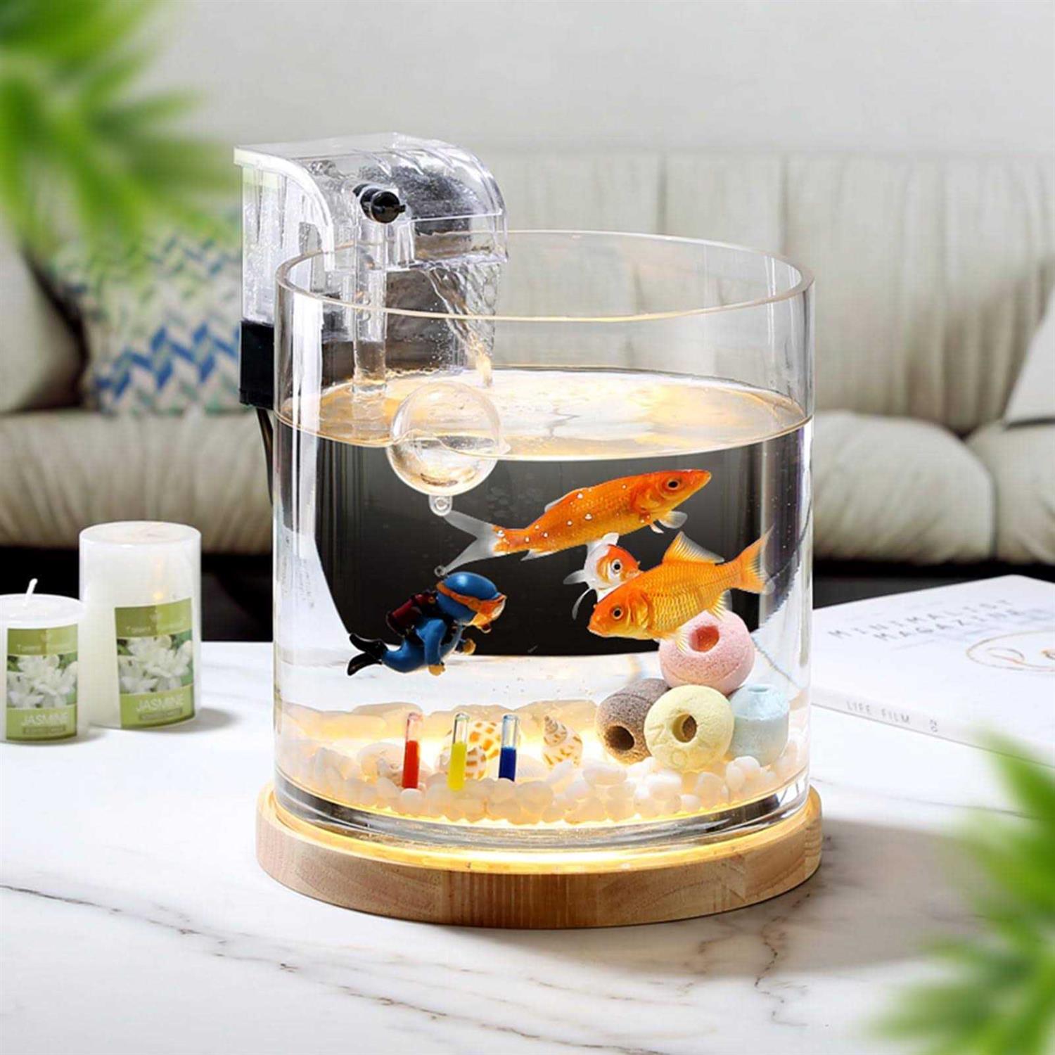SANOSY Aquarium Starter Kits 0.81-Gallon Fish Tank for Beginner Cylindrical Betta Fish Bowl with Wooden Base LED Light Water Pump - Pet Supplies online store