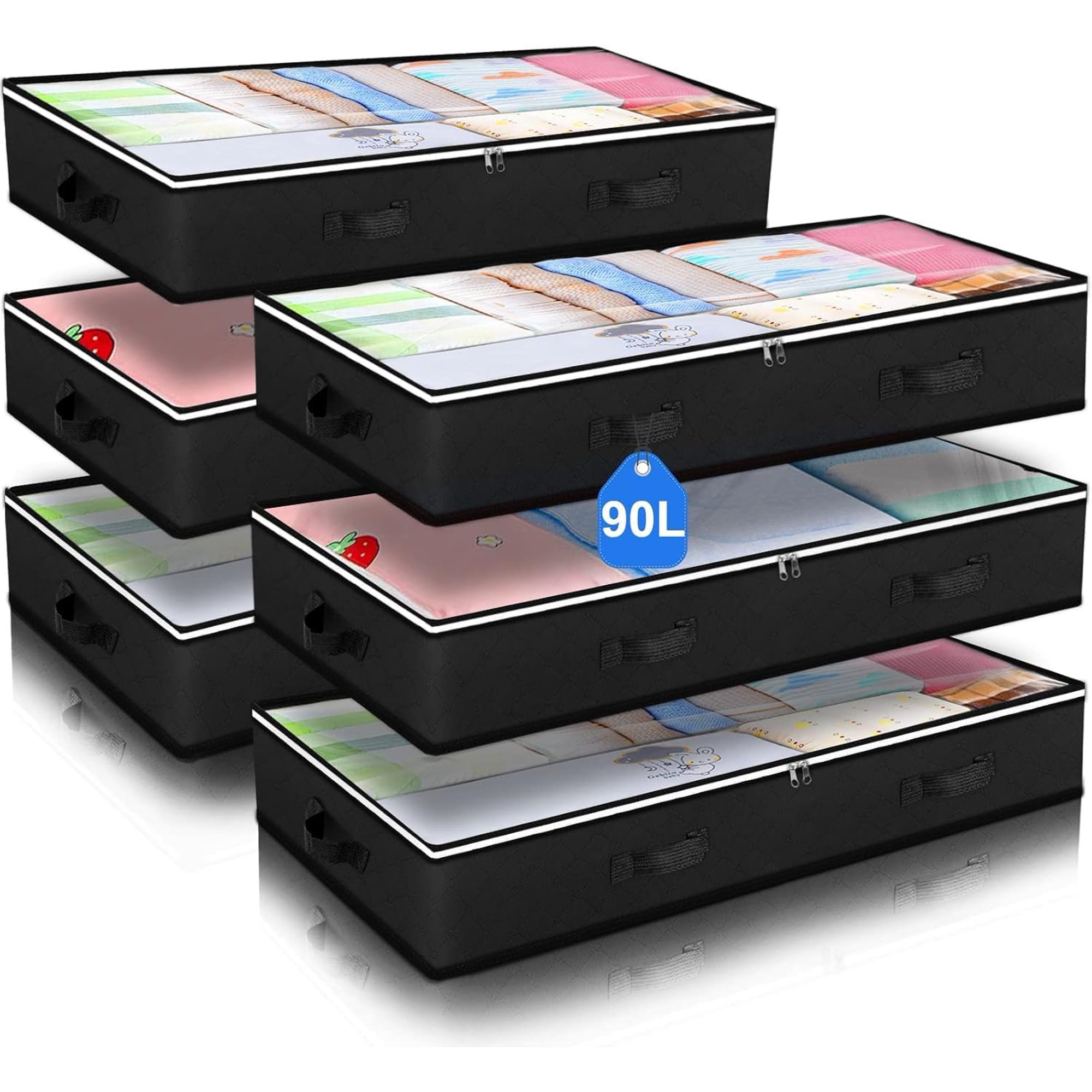 fhxbjoi 90L Under Bed Storage Containers  Closet Organizers and Storage Bins  Foldable Underbed Storage Bags for Blankets    Comforter  Sweaters   Sheets  Wrapping Paper (Black  6 Pack)