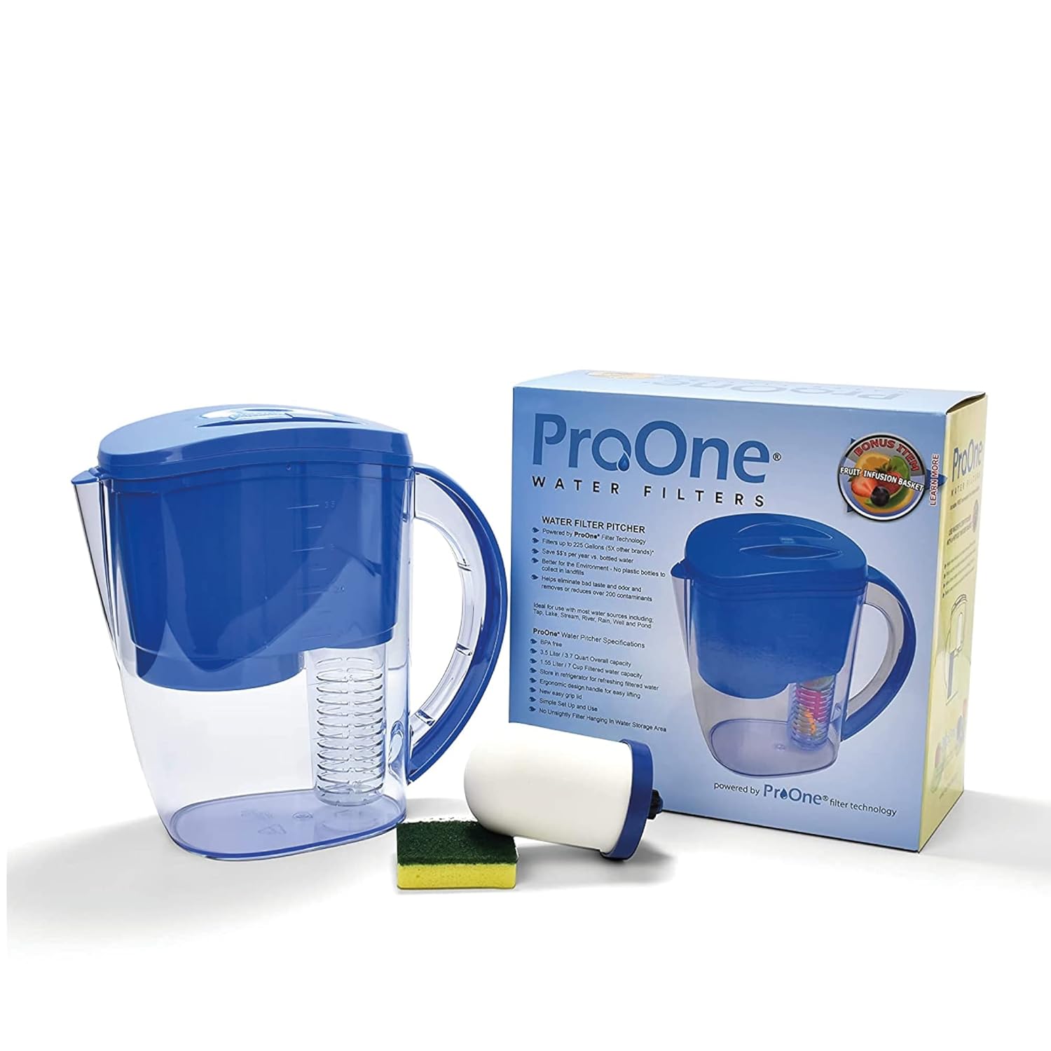 ProOne Water Filter Pitcher with Fruit Infuser, Filtered Water Pitcher for Kitchen, Office, Camping, or RVing Pack of 2