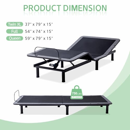 MUUEGM Adjustable Bed Base Queen,Motorized Head and Foot Incline,Upholstered Bed Frame,Wireless Remote Control,Anti-Snore,USB Ports,Memory Pre-Sets,Zero Gravity,3 Modes Massage,LED Under-Bed