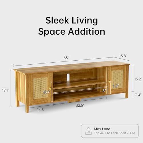 Rattan TV Stand for 65 70 inch TV Entertainment Center Wood TV Stands for Living Room with Storage, Mid Century Television Console for Bedroom