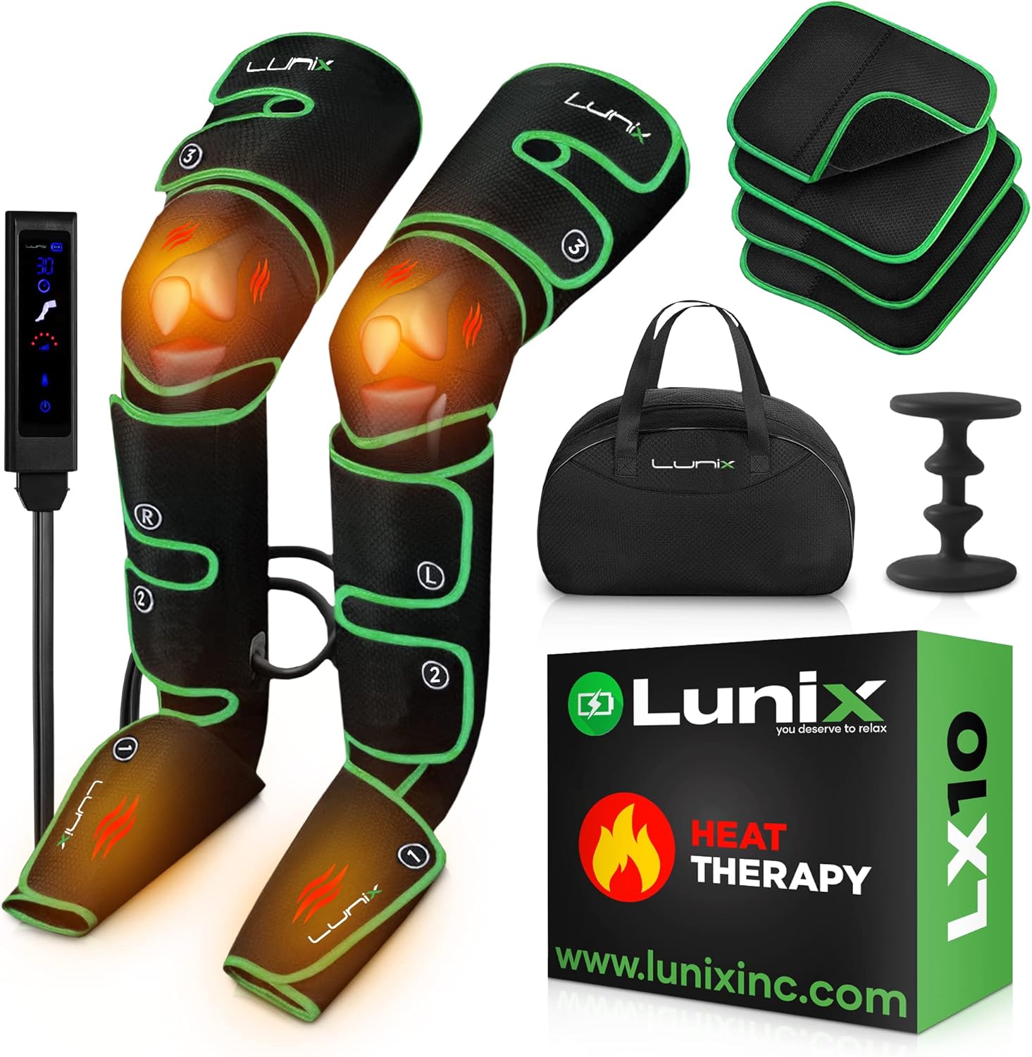 Lunix LX10 Foot, Calf, Leg Air Compression Massager Machine, Cordless and Rechargeable Thigh and Knee Boots Device with Heat for Circulation and Recovery, Legs Pain Relief, Green