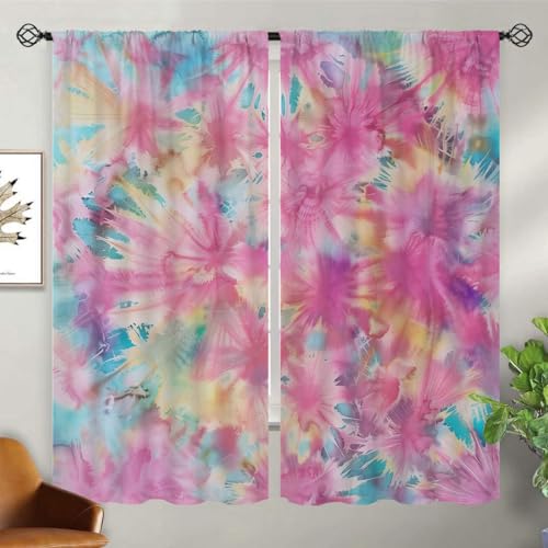 Tie Dye Blackout Curtains for Girls Boy Home Decor, Boho Psychedelic Swirl Rainbow Hippie Trippy Rod Pocket Thermal Insulated Drapes Darkening Window Curtain for Bedroom Living Room, 42 x 45 Inch