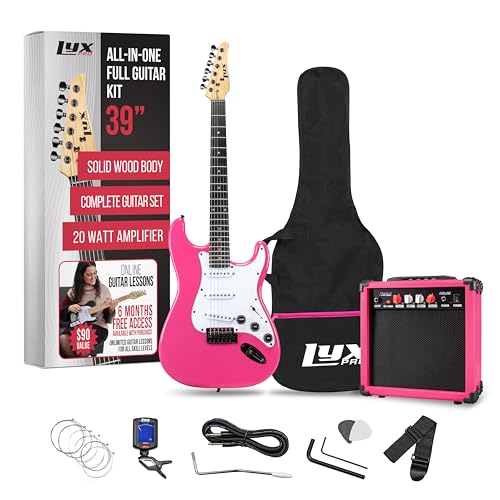 LyxPro 39 inch Electric Guitar Kit Bundle with 20w Amplifier, All Accessories, Digital Clip On Tuner, Six Strings, Two Picks, Tremolo Bar, Shoulder Strap, Case Bag Starter kit Full Size - Red