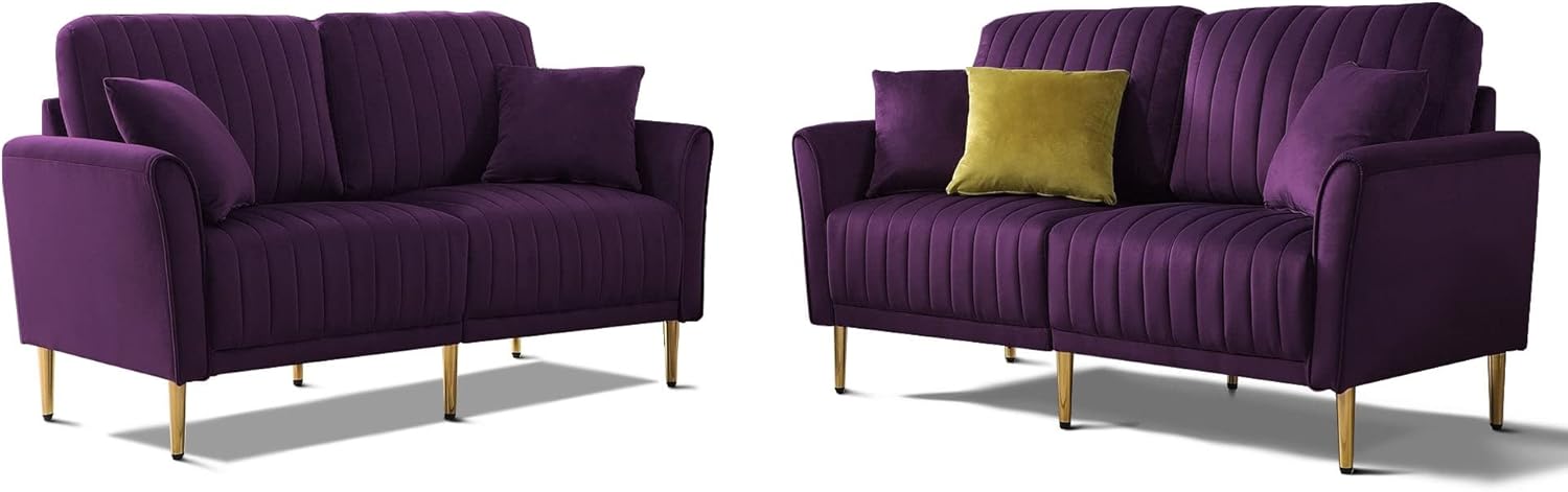 2 Piece Set with Sofa and Loveseat Couches Reversible Back Pillows Velvet Padded Seat Sectional for Living Room Armrest Purple Solid Modern Contemporary Pattern Down Fill Cushions