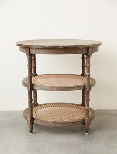 Creative Co-Op Round Mango Wood Table with 2 Cane Shelves