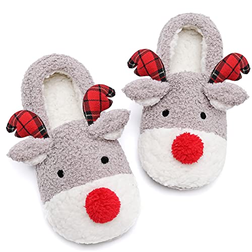 ASHION Women's Cute Fuzzy Reindeer House Slippers Stuffed Animal Bedroom Slippers Cozy Christmas Indoor Shoes
