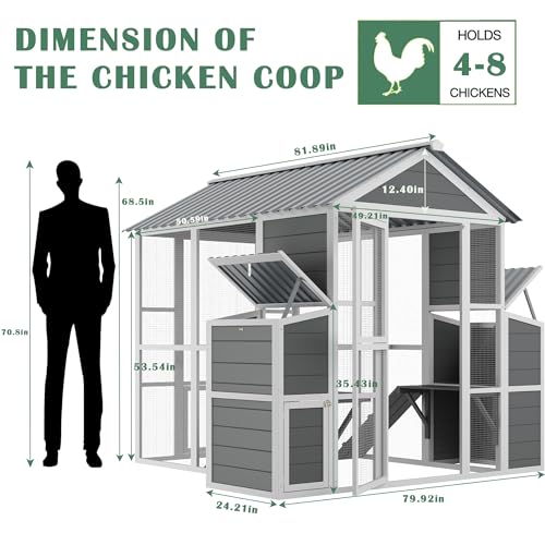 Outdoor Wooden Chicken Coop for 10 Chickens,Large Hen House Poultry Habitat Pet Hutch Run Cage with 2 Chicken Nesting Boxes,Walk in Chicken Coops Run W/Ramp and Run,Waterproof Roof,(80