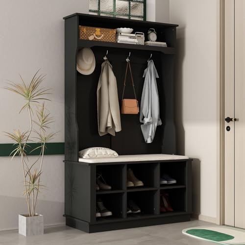 MOUMON Entryway Coat Rack with Storage Bench, Mudroom Storage Hall Tree with Shoe Rack, Hanging Hooks, Hall Tree and Shoe Storage for Entryway Grey (34.3”W x 16.5”D x 68.5”H)