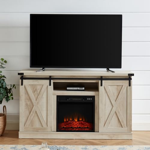 JYED Farmhouse Electric Fireplace TV Stand with Sliding Barn Door for TVs up to 60