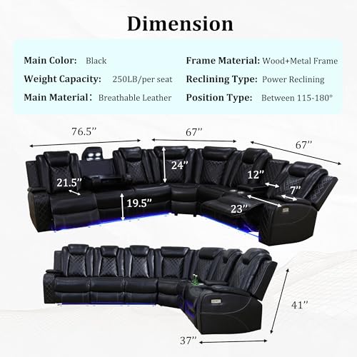 Power Recliner Sectional Sofa with LED Light, Breathing Leather Recliner Sofa Couch with USB Port/Cup Holder/Storage for Living Room (6 Seat Reclining Sectional Couch, Black)